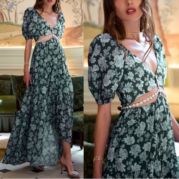 V. Chapman Dresses & Skirts - V. Chapman Emma Cut Out Rhinestone Puff Sleeve Dress Emerald Peony Print 14 NWT